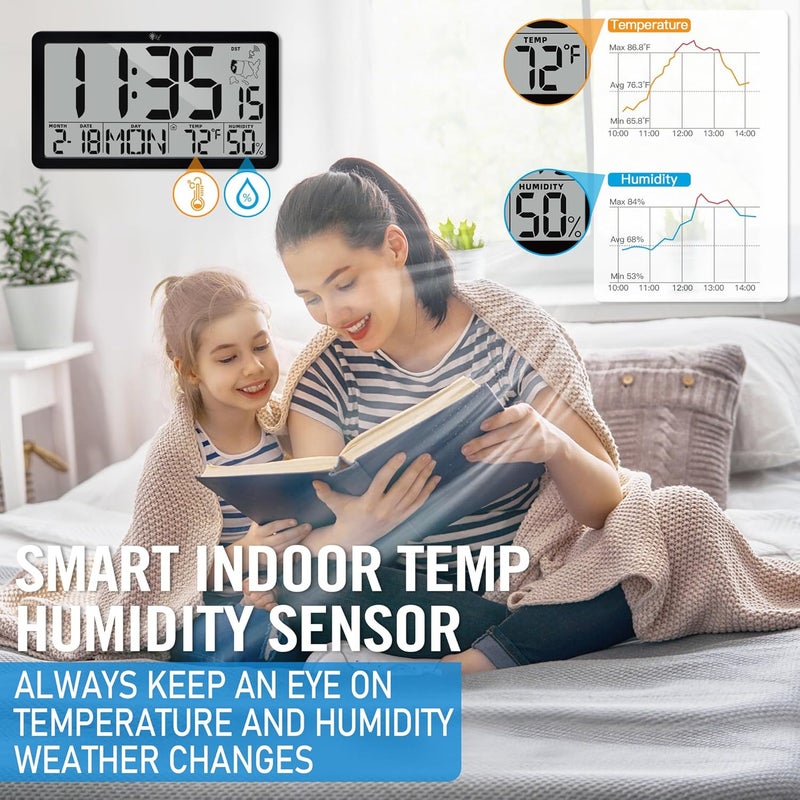 RUIDDY Digital Atomic Clock with Temperature with Blacklight with and Humidity Display, Large LCD Screen, Indoor Weather Monitor, DST Function, Black - Image 4